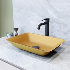 Matte Shell Sottile Glass Rectangular Vessel Bathroom Sink in Gold with Lexington Faucet and Pop-Up Drain in Matte Black