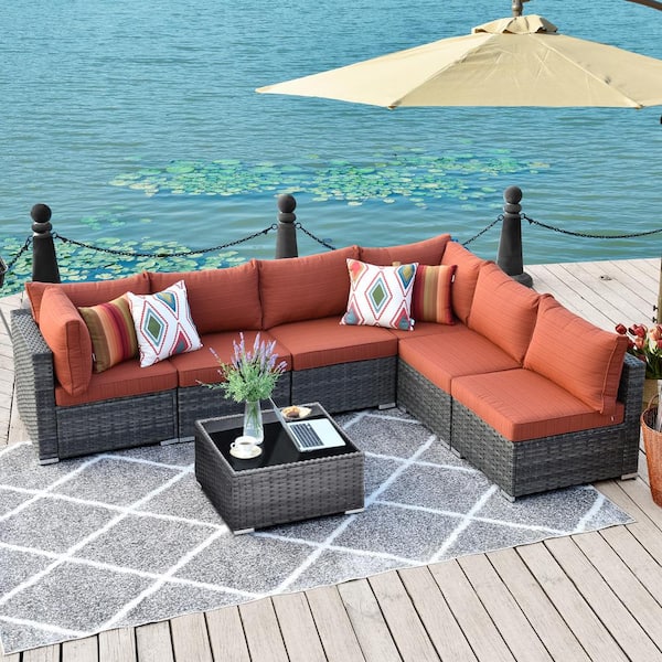 OVIOS HOPPISH Gray 7-Piece Wicker Patio Conversation Set with Orange Red Cushions