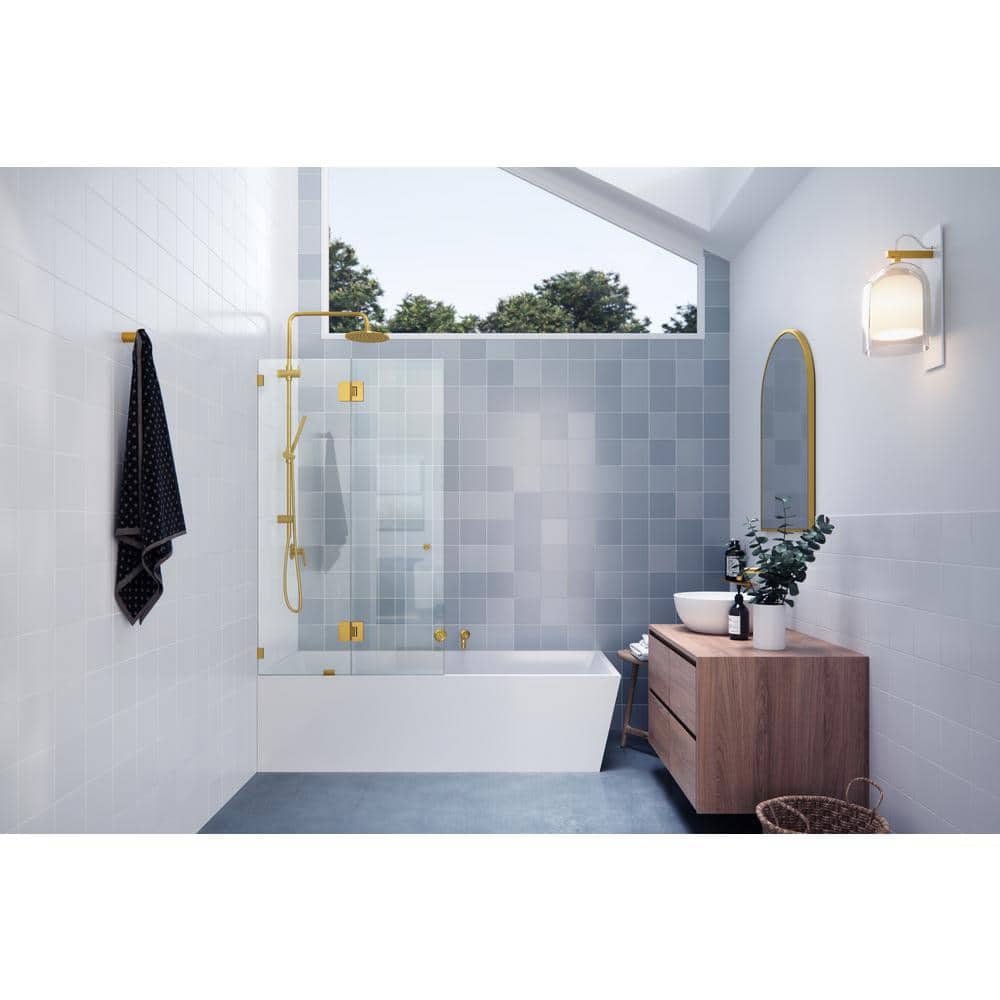 34" Satin Brass Frameless Glass Hinged Bathtub Door