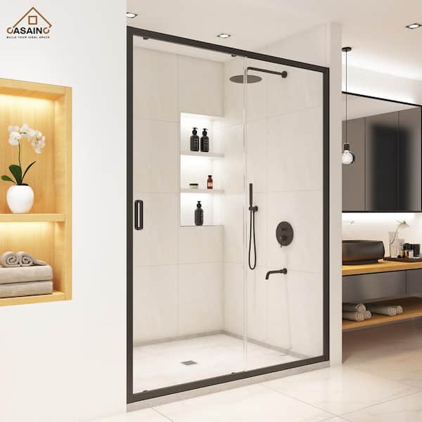 60 in. W x 72 in. H Framed Single Sliding Shower Door in Matte Black with Clear Shower Glass