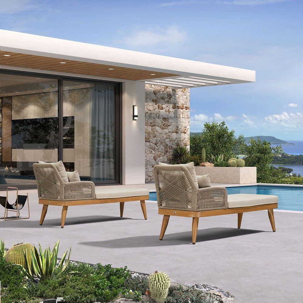 Teak 2-Piece Aluminum Outdoor Chaise Lounge with Beige Cushion and Wicker Armrests for Deck Pool Lawn Garden Backyard
