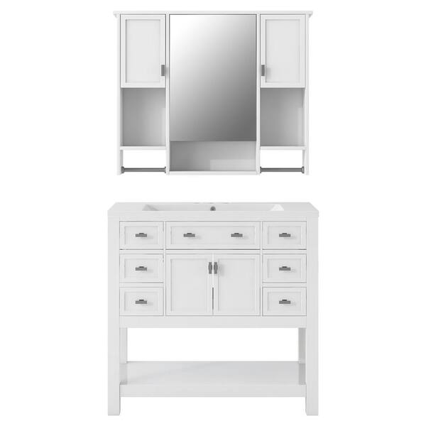 JimsMaison 36 in. W x 18 in. D x 34.1 in. H Single Sink Freestanding Bath Vanity in White with White Cultured Marble Top