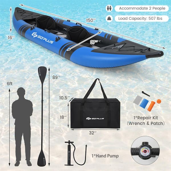 Blue Inflatable Water Float Set Portable 2-Person Kayak with Aluminium Oars EVA Padded Seat