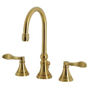 NuFrench 2-Handle High Arc 8 in. Widespread Bathroom Faucets with Brass Pop-Up in Brushed Brass