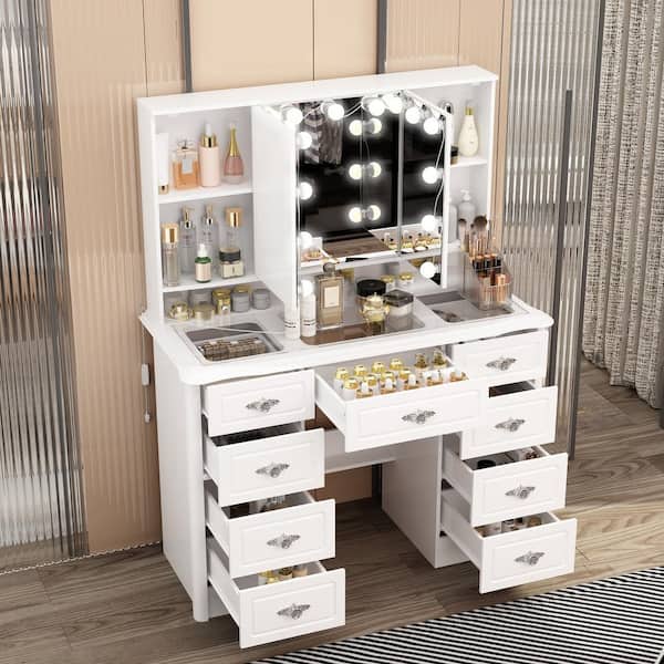FUFU&GAGA White Makeup Vanity Table with 3-Mirrors, Glass Top, LED Bulb Lights, 9-Drawers, Hidden Shelves, Carved Metal Handles