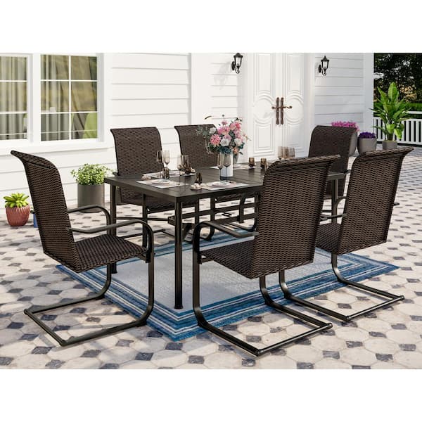 PHI VILLA 7-Piece Patio Outdoor Dining Set with C-Spring Rattan Chair