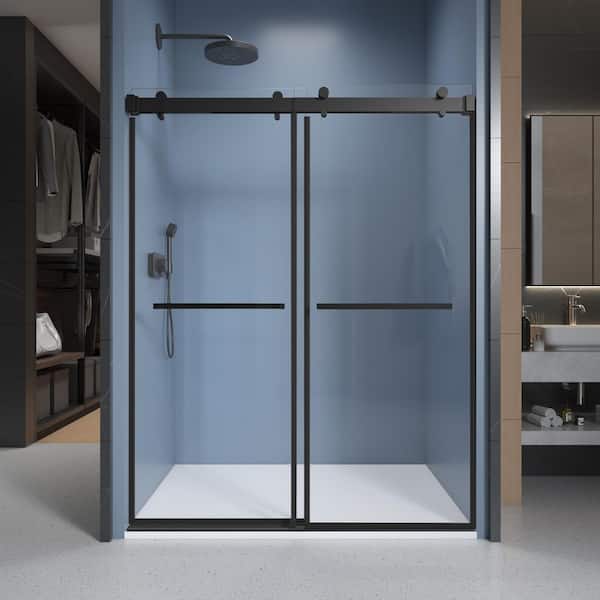 60 in. W x 76 in. H Double Sliding Frameless Shower Door in Matte Black with Soft-Closing and Clear 3/8 in. Glass