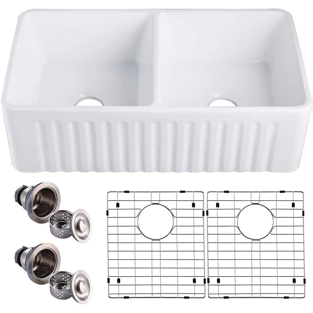 Hadley 33" White Fireclay Double Basin Farmhouse Kitchen Sink