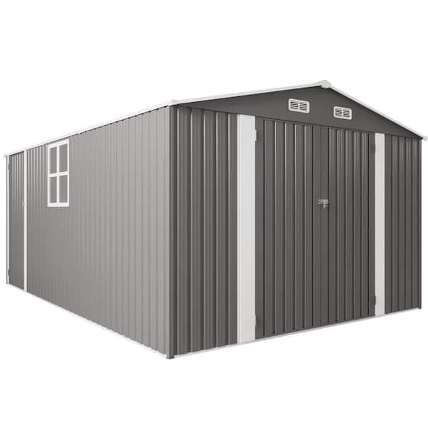 10 ft. W x 14 ft. D Metal Shed with 3-Lockable Doors and Clear Window, Durable Garden Sheds in Grey (138 sq. ft. )