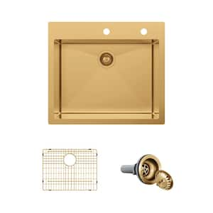 25 in. Drop-In Single Bowl 18-Gauge Gold Stainless Steel Kitchen Sink with Accessories