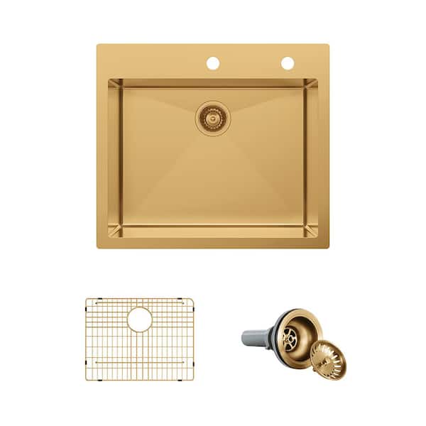 25 in. Drop-In Single Bowl 18-Gauge Gold Stainless Steel Kitchen Sink with Accessories