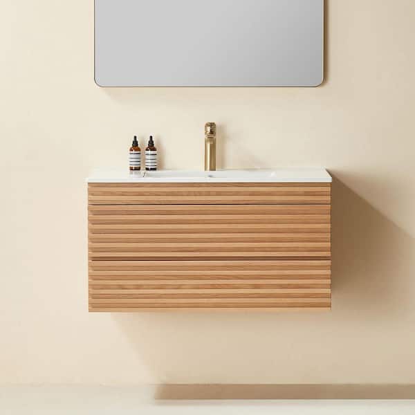 36 in. W Floating Natural Bath Vanity with White Ceramic Top, Assembled