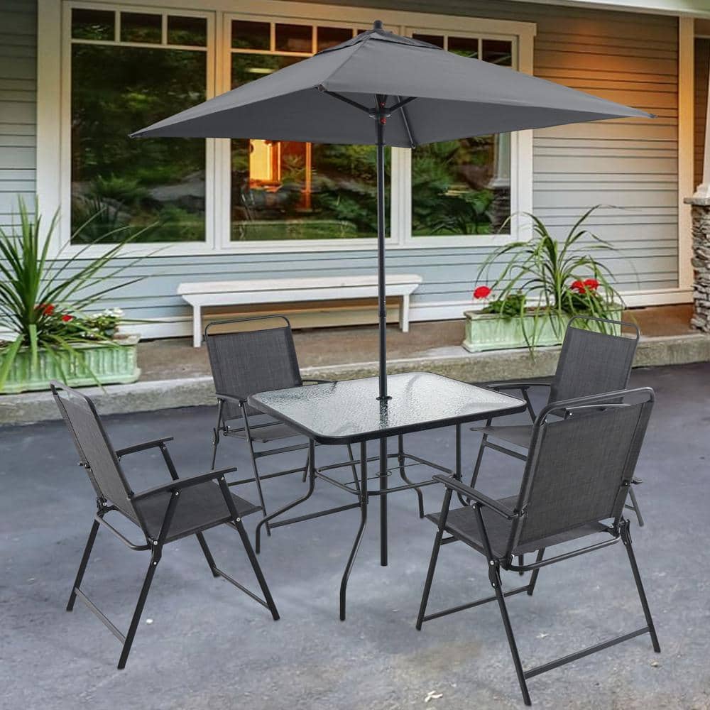 Black Metal Outdoor Patio Dining Set with Umbrella for 4