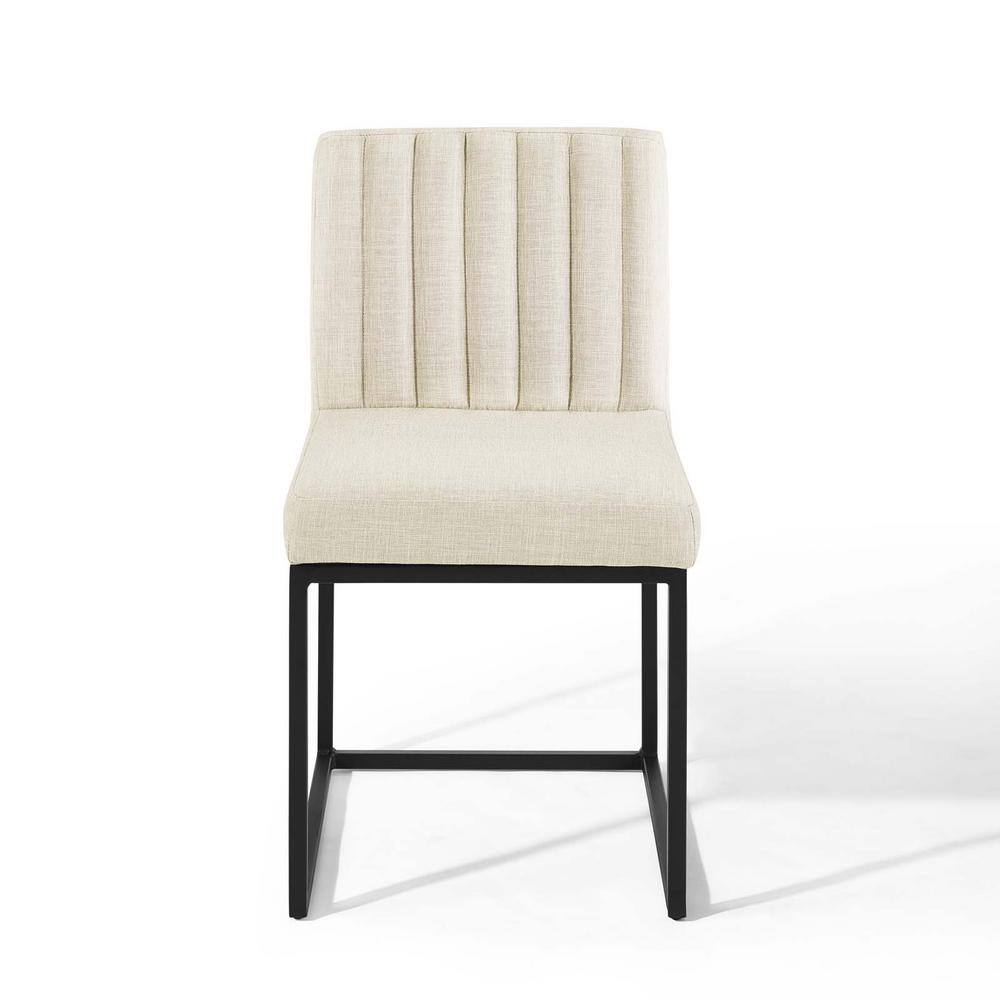 Beige Channel Tufted Upholstered Dining Chair with Black Metal Base