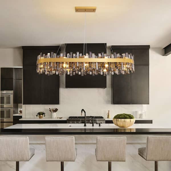 51.2 in. Dimmable 20-Light Crystal Chandelier Modern Gold and Gray Ellipse Chandelier with Gray Crystal Accents