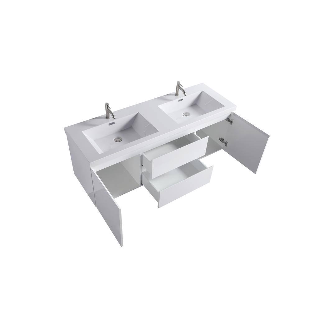 60" White Double Sink Floating Vanity with Resin Top