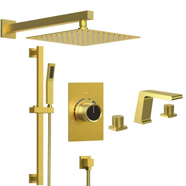 ClassicRain 2-Spray 10in. Dual Wall Mount Fixed and Handheld Shower Head 2.5GPM with Basin Faucet in Brushed Gold