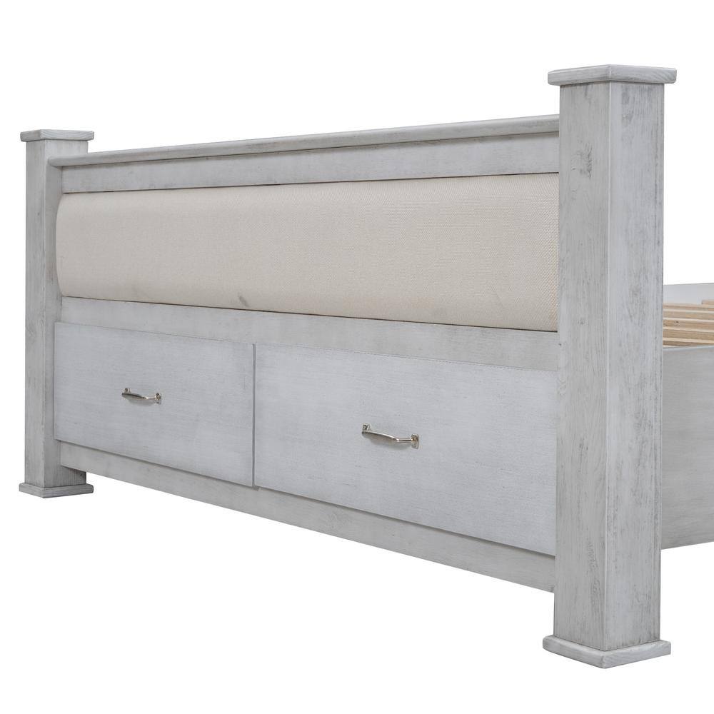 Antique White Queen Pine Wood Platform Bed with Upholstered Headboard and Storage Drawers