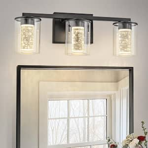 18 in. Modern 3-Light Black Crystal LED Vanity Light for Bathroom with Clear Glass Shades