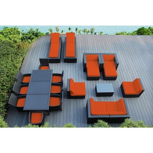 Black 20-Piece Wicker Patio Combo Conversation Set with Supercrylic Orange Cushions