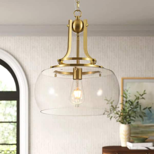 Lumeo 14 in. 1-Light Modern Farmhouse Brass Pendant with Clear Glass Shade