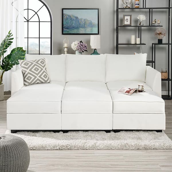 MAYKOOSH Contemporary 3-Seater Upholstered Sectional Sofa with 3 Ottoman - White Down Linen - Sofa Couch for Living Room/Office