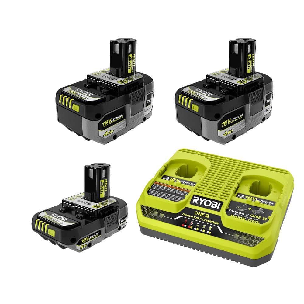 RYOBI ONE+ HP 18V (2) 4.0 Ah HIGH PERFORMANCE Batteries, 2.0 Ah HIGH PERFORMANCE Battery, and Dual-Port Charger Starter Kit PSK023 - The Home Depot
