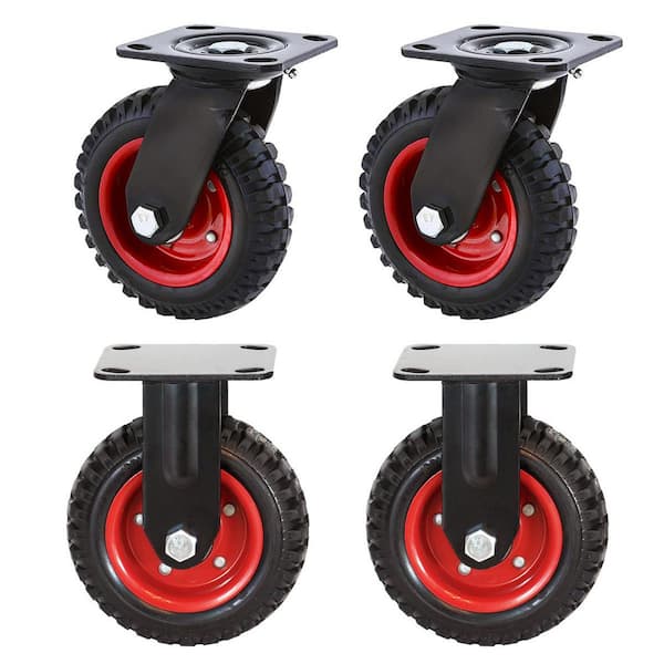 8 in. Plate Caster Wheels (2 Swivel and 2 Fixed), Heavy-Duty Plate Casters with Rubber Knobby Tread (4-Pack)