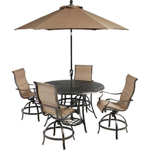 Traditions 5-Piece Aluminum Outdoor Dining Set, 4 Padded Chair, 56 in. Round Table, Umbrella & Base, Bronze, All-Weather
