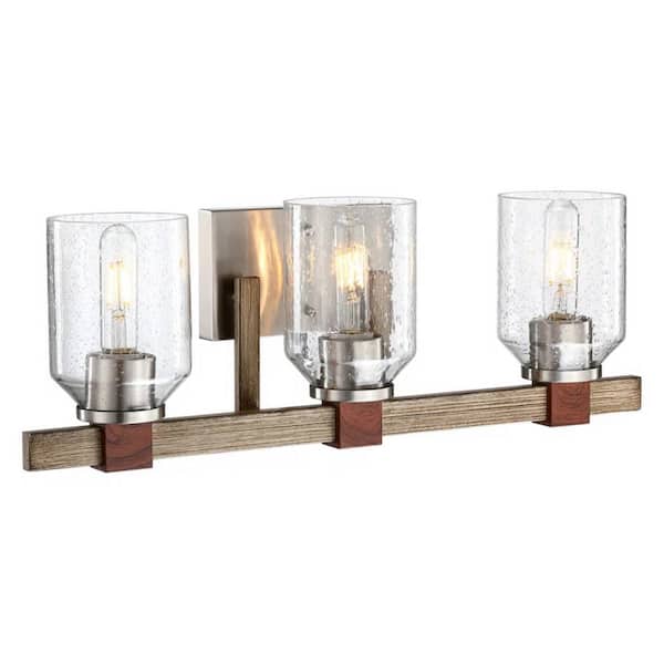 Lightania 23 in. 3-Light Brushed Nickel and Walnut Vanity Light with Clear Glass Shade