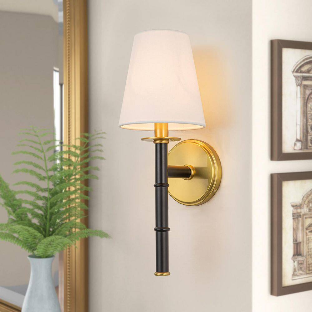 5.91 in. 1 light Black and Antique Brass Finish Classic Wall Sconce with Wh