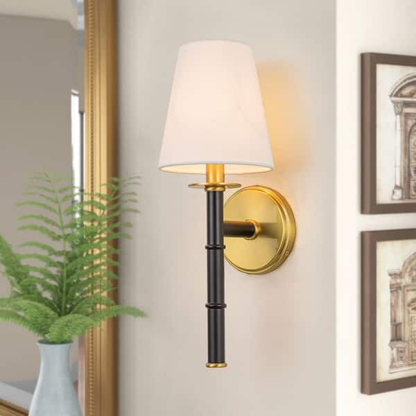 Unbranded 5.91 in. 1 light Black and Antique Brass Finish Classic Wall Sconce with White Linen Shade