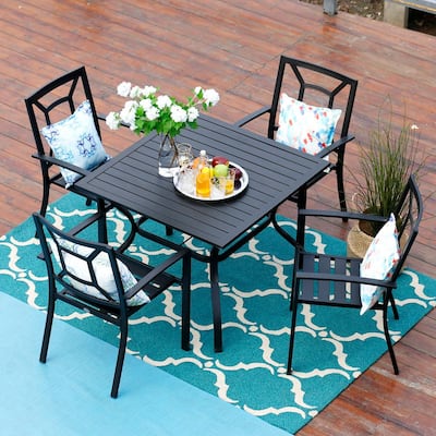 Black 5-Piece Metal Outdoor Patio Dining Set with Slat Square Table and Fancy Stackable Chairs