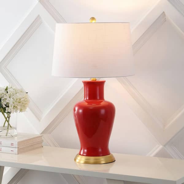 Julian 29 in. Traditional Classic Ceramic Urn LED Table Lamp, Red