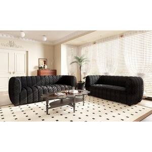 Laura 82.5 in Round Arm Boucle Polyester Fabric Glam Rectangle Pocket Coil Cushion Sofa in Black