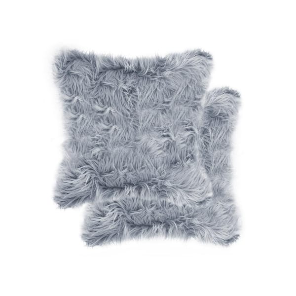 Luxe Faux Fur Belton Gray 18 in. x 18 in. Faux Sheepskin Decorative Pillow (Set of 2)