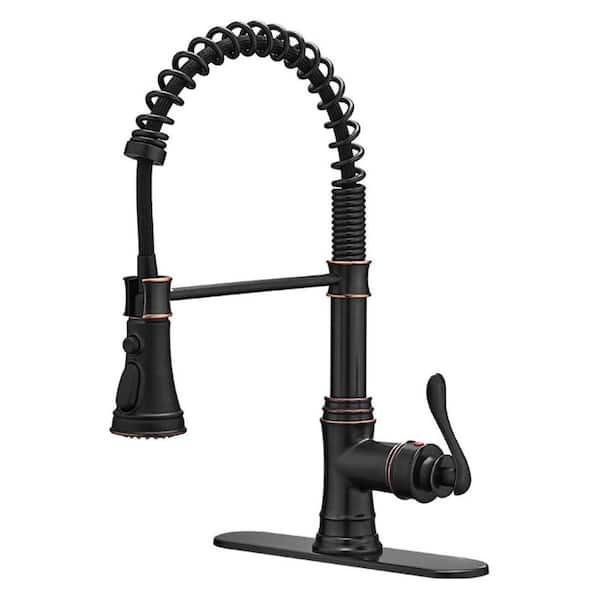 Commercial Spring Single Handle Pull-Down Sprayer Kitchen Faucet with Shield Spray and Deck Plate in Oil Rubbed Bronze