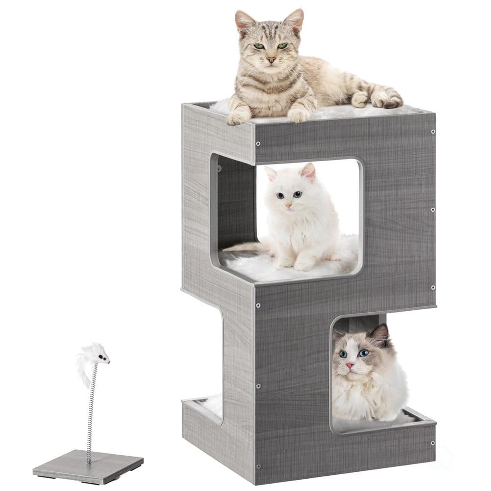 Gray Multi-Level Modern Cat Tower with Soft Faux Fur Cushions