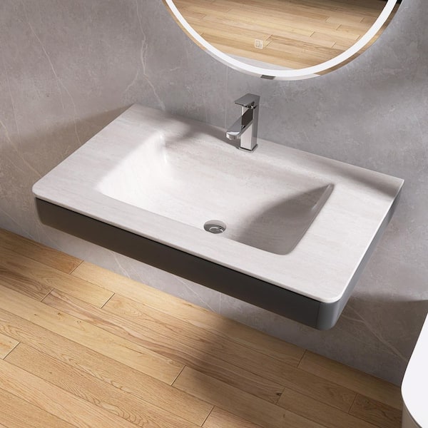 36 in. W x 22 in. D x 6 in. H Engineered Stone Limestone Plate Bathroom Wall-Mount Sink in Beige with Faucet Hole