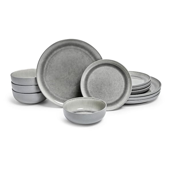 Asher Gray 12-Piece Stoneware Dinnerware Set, Round, Microwave and Dishwasher Safe