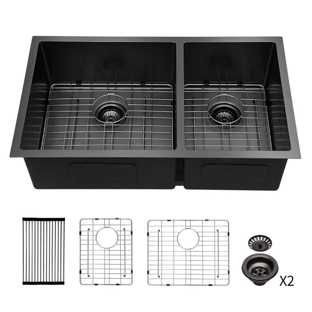 33 in. Undermount Double Bowl (60/40) 16-Gauge Gunmetal Black Stainless Steel Kitchen Sink with Drying Rack -  EPOWP, LX-KS-44-1