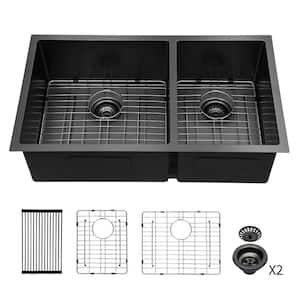 33 in. Undermount Double Bowl (60/40) 16-Gauge Gunmetal Black Stainless Steel Kitchen Sink with Drying Rack