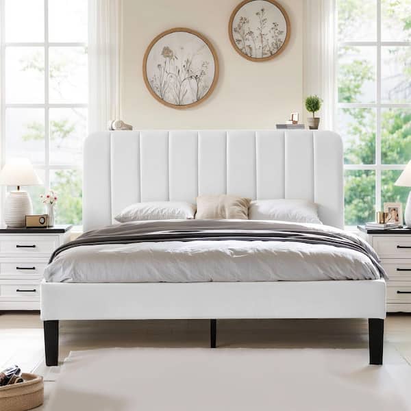 VECELO Upholstered Bed, White Queen Bed Platform Bed Frame