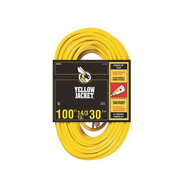 Yellow Jacket 100 ft. 14/3 SJTW Indoor/Outdoor Yellow Extension Cord with Lighted Receptacle