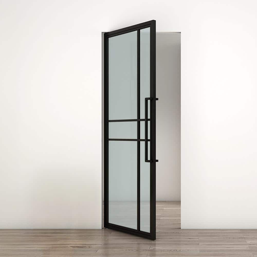 Black Steel Full Lite Frosted Glass Interior Pivot Door