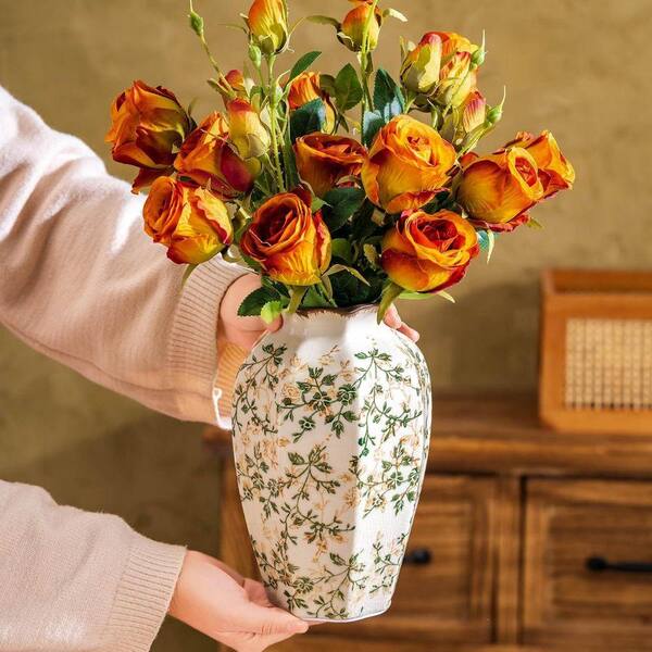 9.1 in. Green and Beige Porcelain Decorative Vase Vintage Pastoral