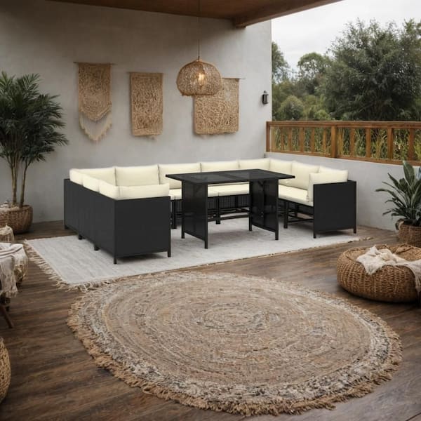 10-Piece Black Wicker Rattan Outdoor Sectional Sofa with Table and White Cushion