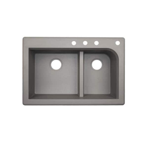 Swan Dual-Mount Granite 33 in. x 22 in. 4-Hole 60/40 Double Bowl Kitchen Sink in Metallico