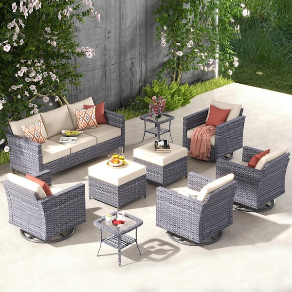 XIZZI Megon Holly Gray 9-Piece Wicker Patio Conversation Seating Sofa Set with Beige Cushions and Swivel Rocking Chairs