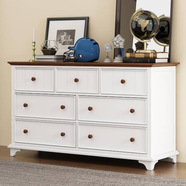 Walnut and White Modern Wood Captain 7-Drawer 61 in. Wide Dresser
